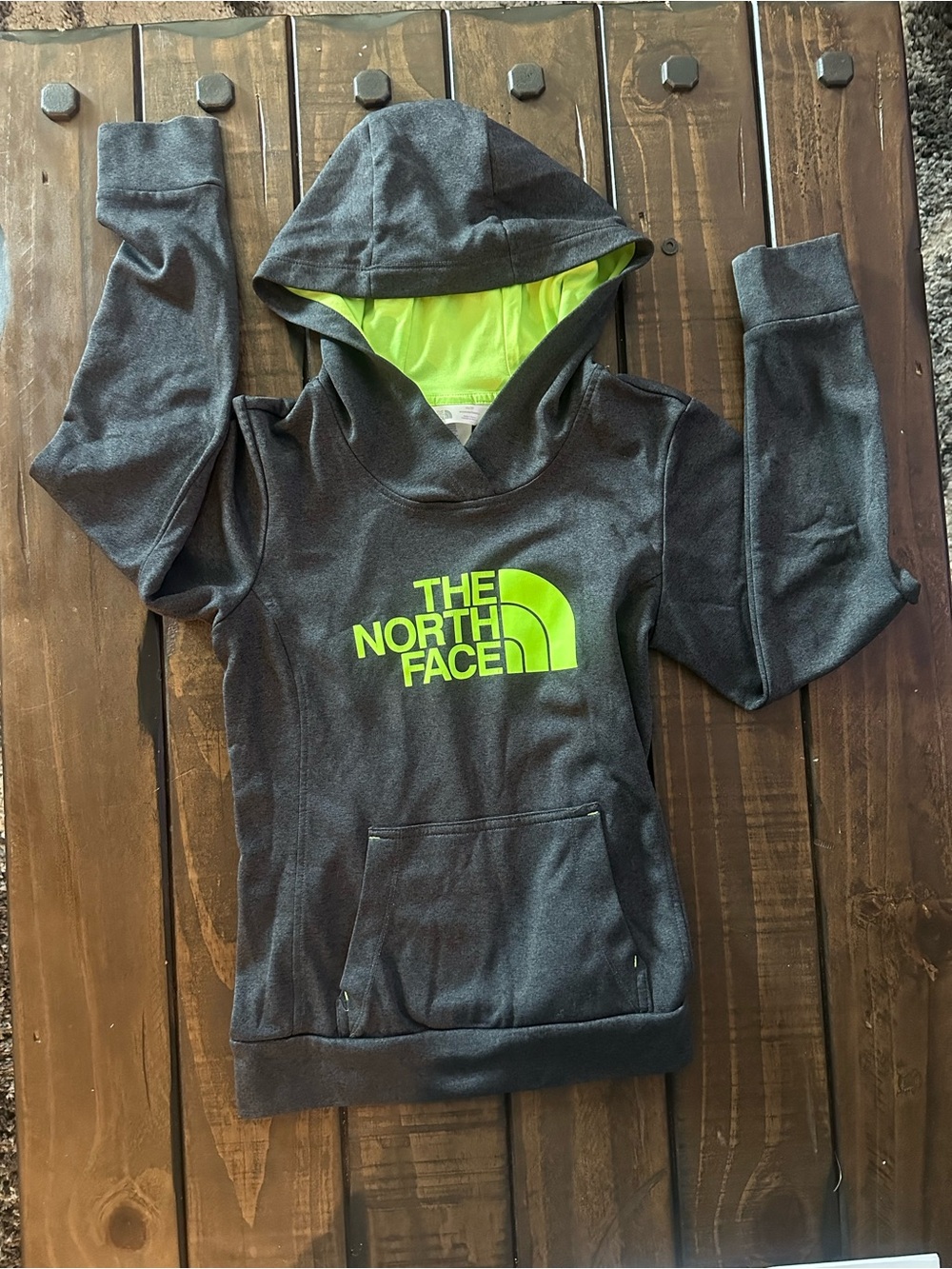 The North Face Charcoal Hoodie with Neon Green Logo